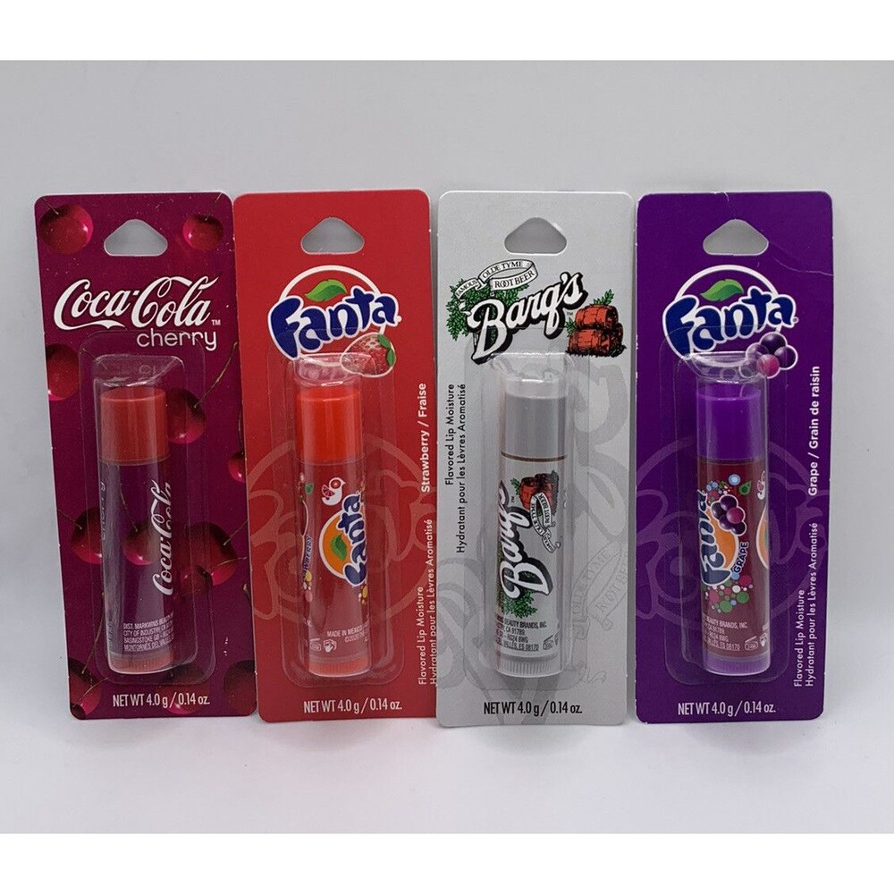 Licensed Soda Flavored Lip Balm-Coca Cola,Fanta, Cherry Cola, Barg’s. Lot Of 4